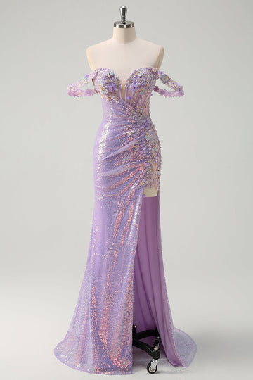 Scintillante Viola Chiaro Mermaid Off La Spalla Paillettes Abito da cerimonia con Fessura